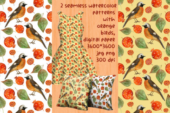 2 Watercolor Patterns with Orange Birds: Creative Digital Paper for Your Next Project
