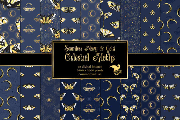 Navy and Gold Celestial Moth Patterns: A Timeless Digital Design