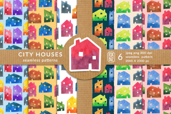 Watercolor Houses 6 Seamless Patterns